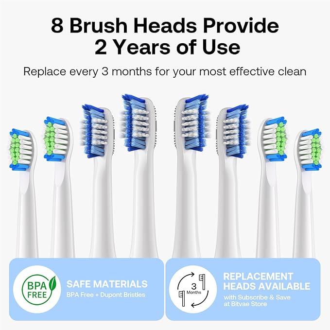Bitvae Ultrasonic Electric Toothbrush for Adults and Kids, ADA Accepted Travel Toothbrush with Rechargeable 60-Day Battery Life, 5 Modes, 8 Heads, Case, Holder, Frost White
