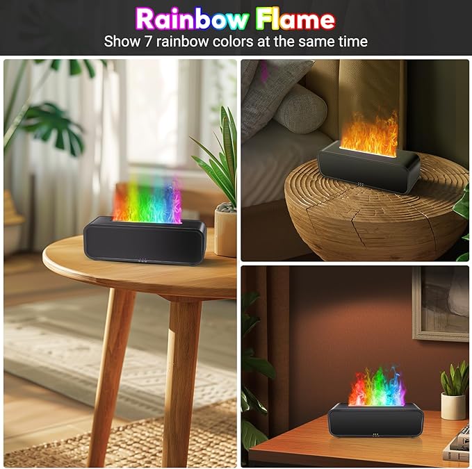 Eseential Oil Diffuser, 250ml Flame Oil Diffuser - Aromatherapy Humidifier, Sound Activated Flame Effect, Rainbow Flame, Music Sync, Remote Control - Perfect for Bedroom Home Office Yoga (Black)