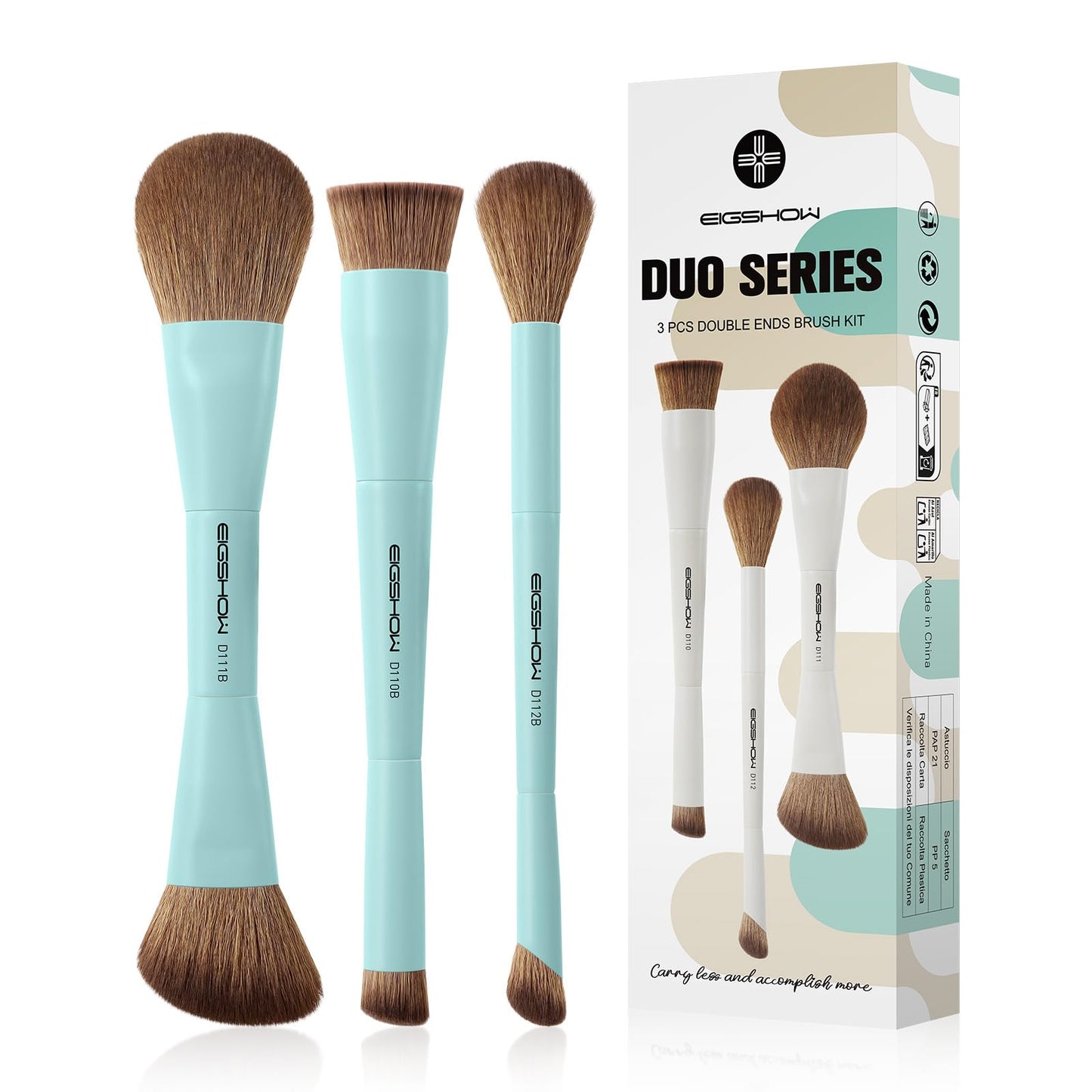 EIGSHOW Makeup Brush Set, 3Pcs Dual Ended Face Makeup Brushes for Foundation Powder Contour Highlight Concealer Nose Shadow, Travel Gift Set (Cyan)