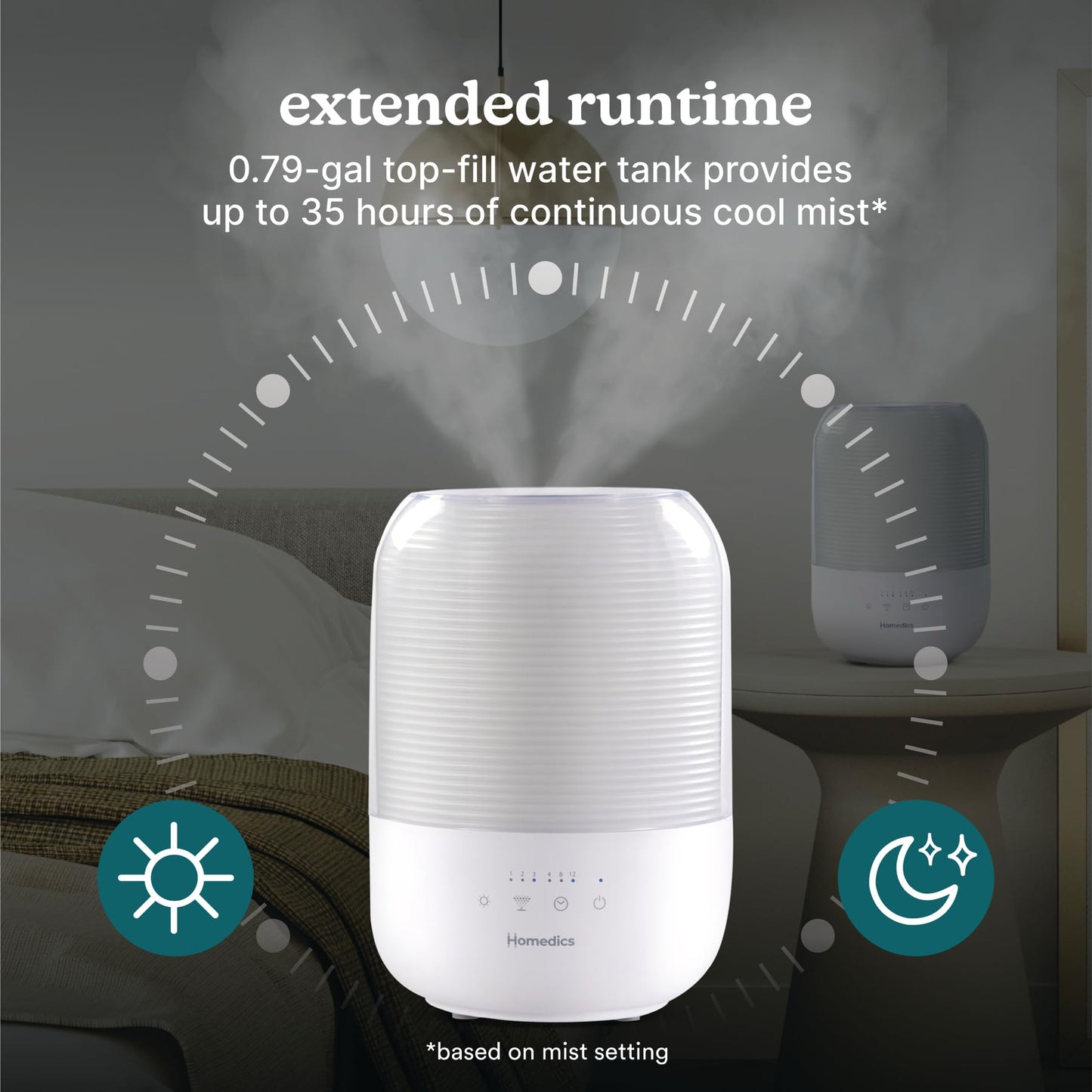 Homedics Ultrasonic Cool Mist Humidifier, Top-Fill 3L Water Tank, Covers 395 sq. ft, 35-Hour Runtime, 3 Mist Settings, Clean Tank Tech, Auto-Off, Night Light, Quiet