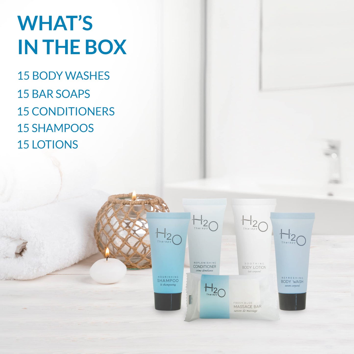 H2O Therapy Hotel Soaps & Toiletries Bulk Set | 1-Shoppe Amenities Kit | 0.85oz Shampoo & Conditioner, Body Wash, Lotion, 1oz Bar Soap | Travel Size | 75 Pieces