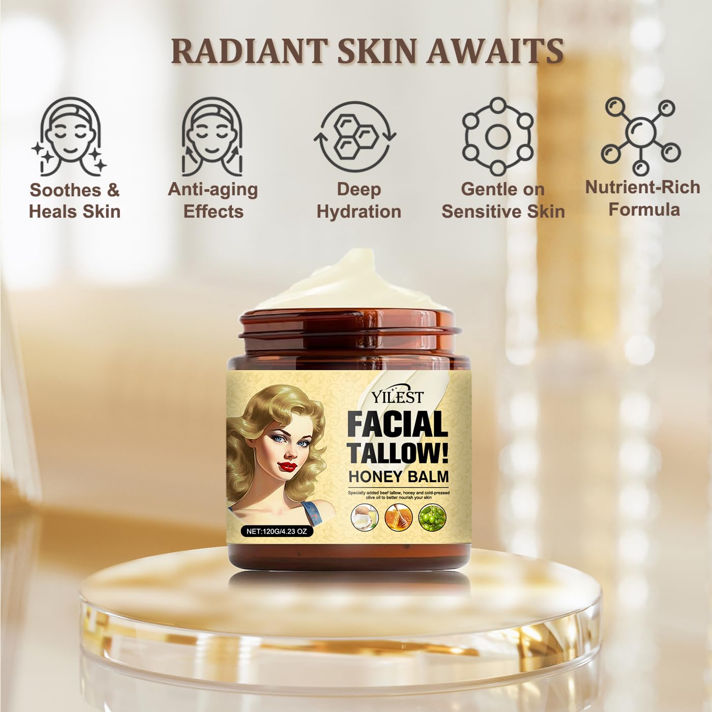 Vivipop Beef Tallow for Skin - Tallow and Honey Cream 4OZ, 2025 Natural Tallow Face Moisturizer for Cracked, Dry Skin, Organic Hydrating Deeply Moisturizing Beef Tallow Balm for Face & Body Skin Care