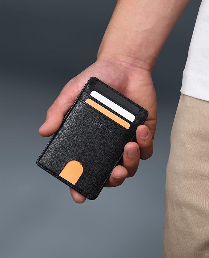 Buffway Mens Slim Wallet, Minimalist Thin Front Pocket Leather Credit Card Holder with RFID Blocking for Work Travel