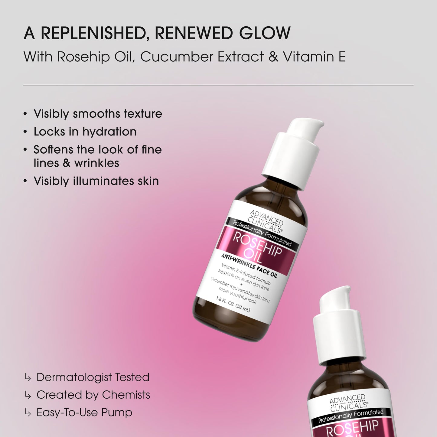Advanced Clinicals Rosehip Oil For Face With Vitamin E + Botanicals Helps Improve Look Of Dark Spots, Wrinkles, Fine Lines, & Uneven Looking Skin Tone | Moisturizing Skin Care Face Serum, 1.8 Fl Oz