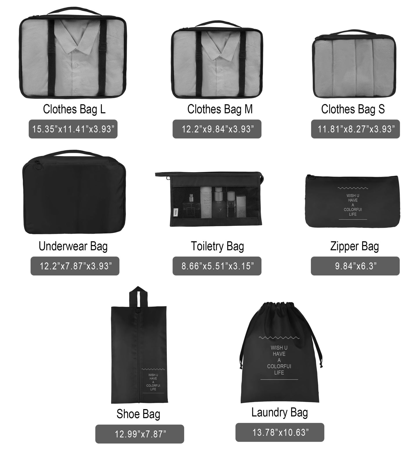 Vercord 8 Set Travel Packing Cubes Luggage Organizers Cubes for Suitacse With Toiletry Bag Black