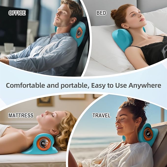 Neck Massager Pillow, Portable Neck Stretcher with Heat, 3 Adjustable Modes for Deep Tissue Pain Relief, 26° Angle Cervical Traction Device for Shoulder, Back