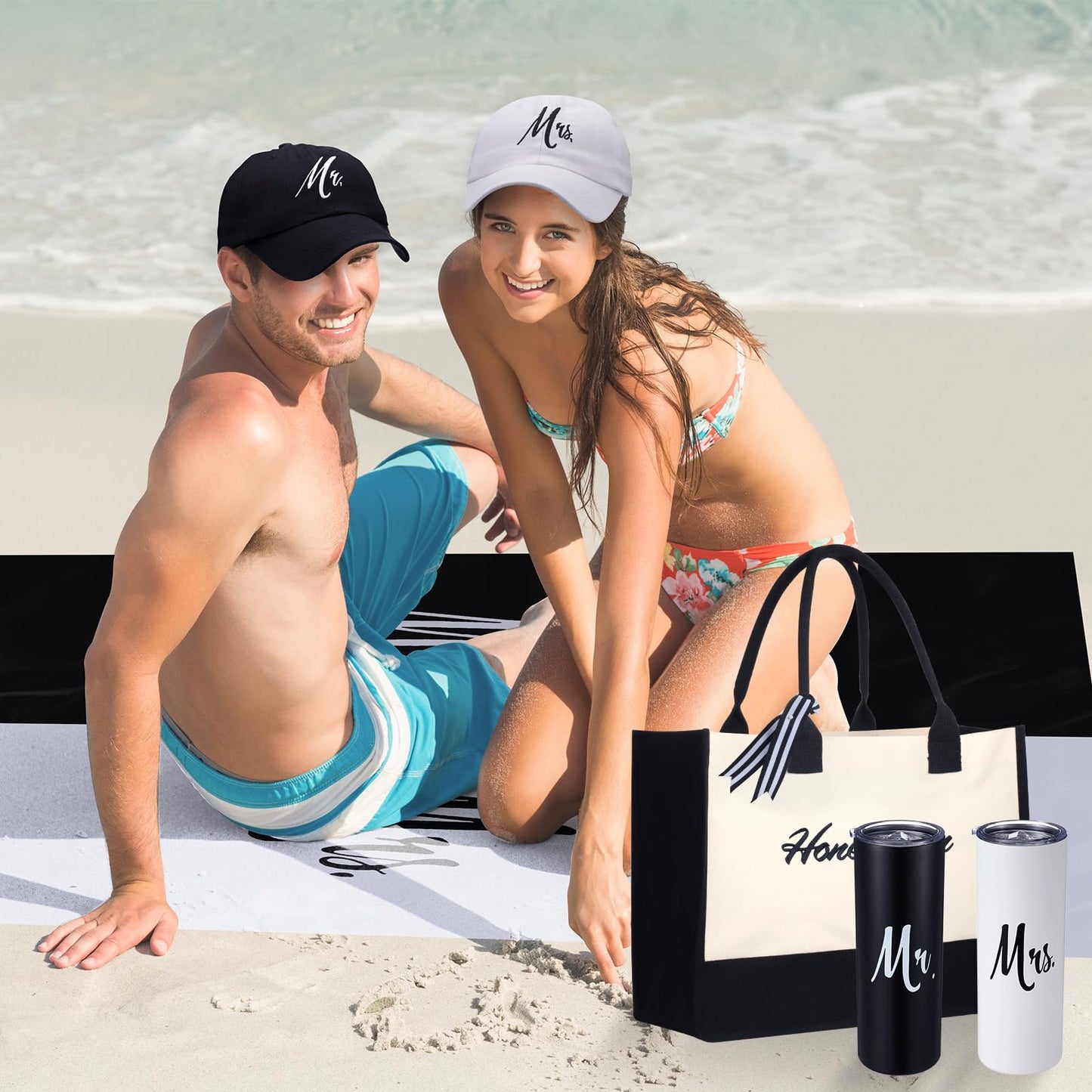 Preboun 14 Pcs Wedding Gifts for Couple Honeymoon Gifts Include Mr and Mrs Beach Towels 20 oz Wine Tumbler Hat Shareable Passport Holder Baggage Tag Glass Bottle Canvas Honeymoon Tote Bag Sleep Mask