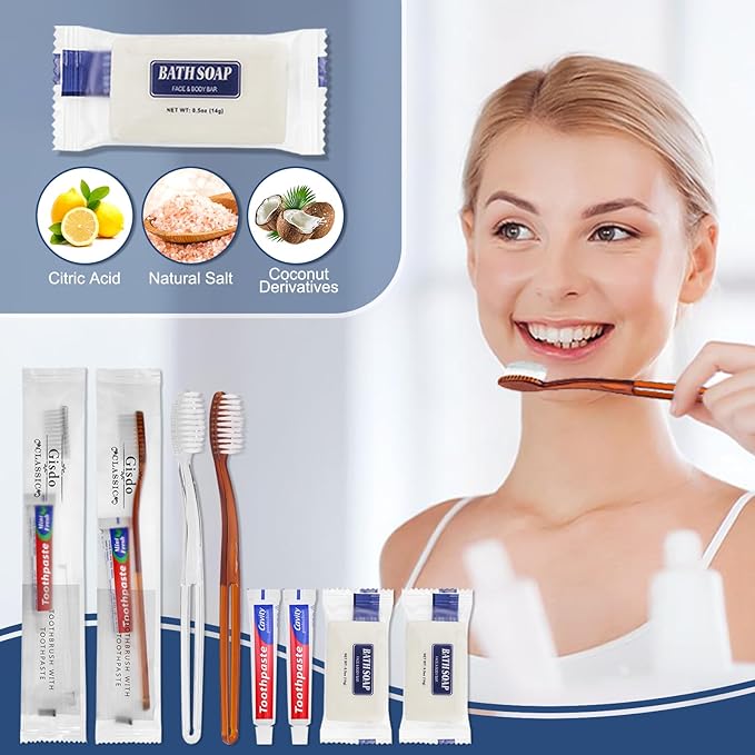 100 Pack Disposable Toothbrushes with Toothpaste Soap Individually Wrapped, 100 pcs Toothbrushes (2 Colors) with 100 pcs Bar Soap(14g/0.5 oz)