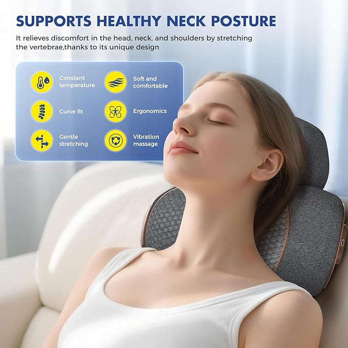 3-in-1 Neck Massager Pillow with Heating and Cervical Traction - Deep Tissue Massage for Pain Relief, Ergonomic Shoulder Massage Pillow, Neck Hump Corrector Ideal Gift for Women and Men