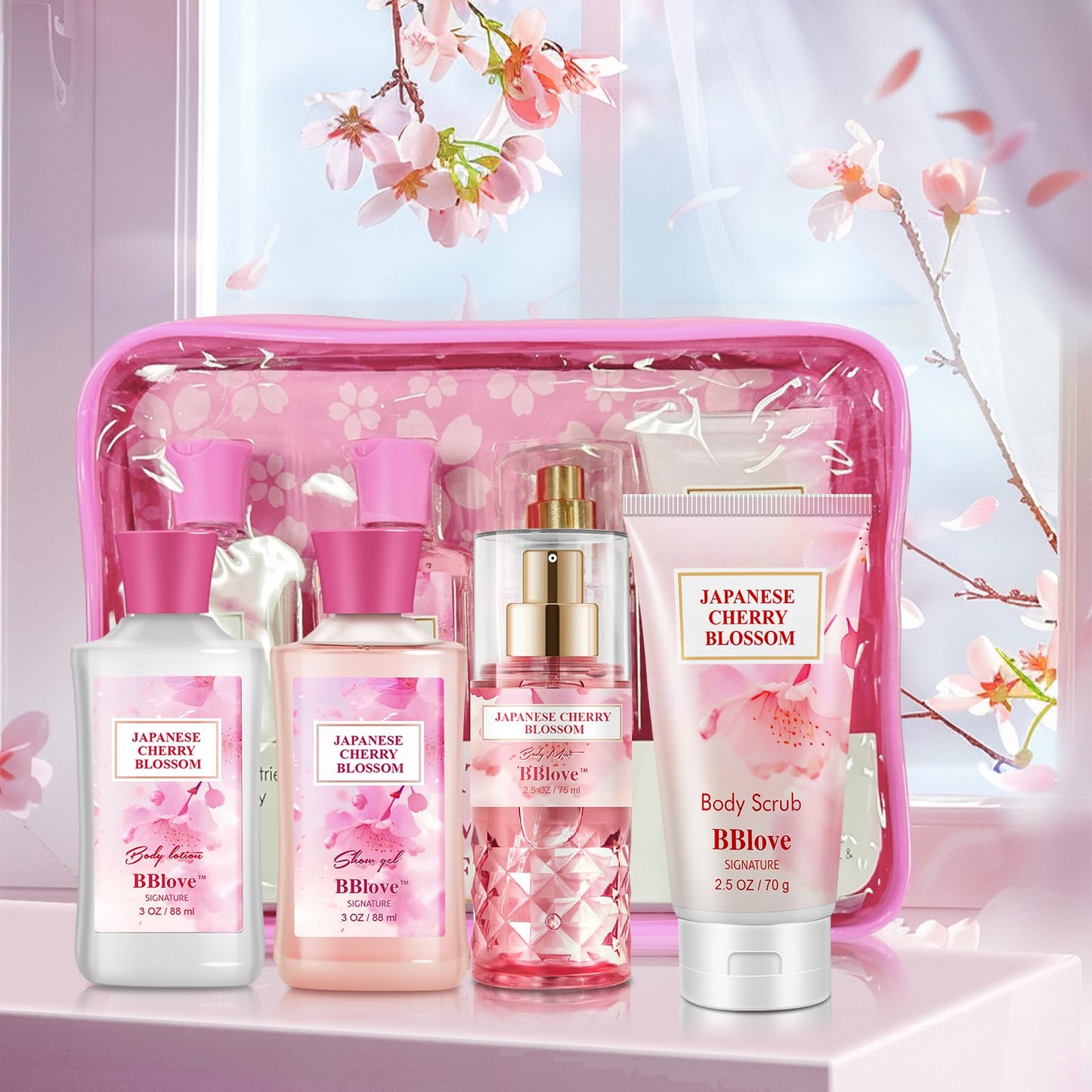 BBlove Bath and Body Gift Set for Women & Girls, Japanese Cherry Blossom, 4PCS Set for-Shower Gel, Body Lotion, Body Mist, Exfoliating Scrub, Body Care Set