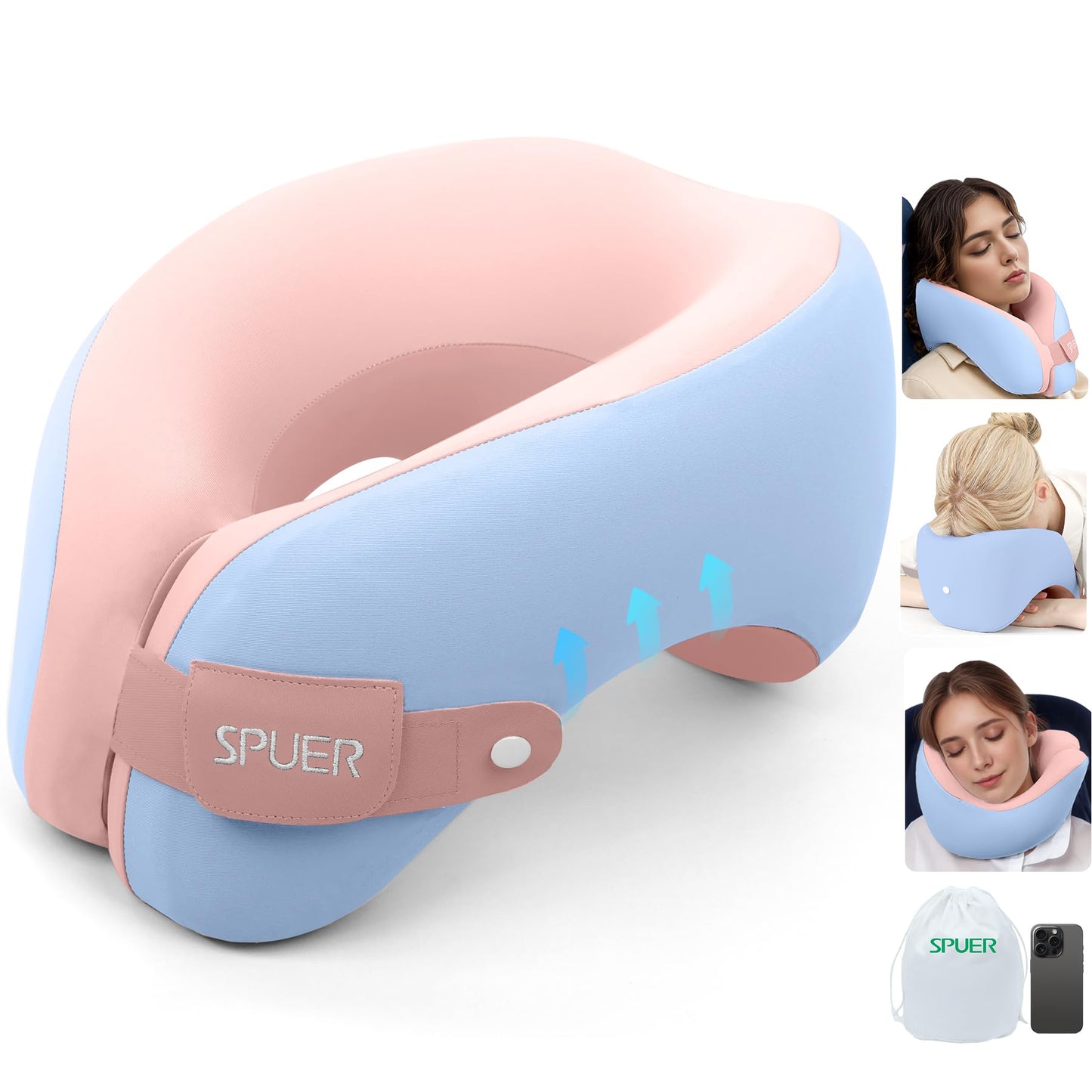 2in1 Ergonomic Memory Foam Travel Neck Pillow – Upgrade Travel Pillow for All Sleep Positions on Flights, Road Trips, and Long Distance Travel with Drawstring Bag (Adjustable - Blue and Pink)