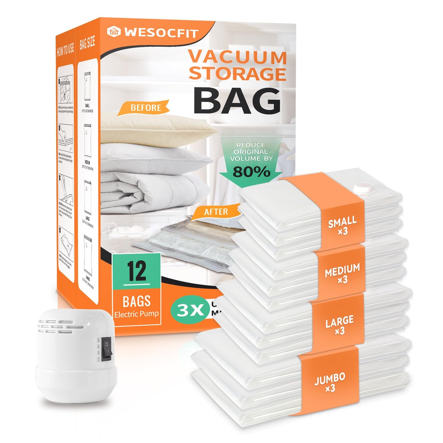 12 Pack Vacuum Storage Bags with Electric Pump, (3 Small, 3 Medium, 3 Large, 3 Jumbo) Vacuum Seal Bags for Clothing, Space Saver Bags for Travel, Luggage Compression Packing