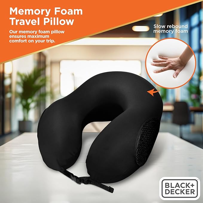 BLACK+DECKER Memory Foam Travel Neck Pillow Travel Pillow for Plane, Car & Train| Ice Silk Cooling Fabric, Ergonomic Design, Neck Support, Washable Cover,Black