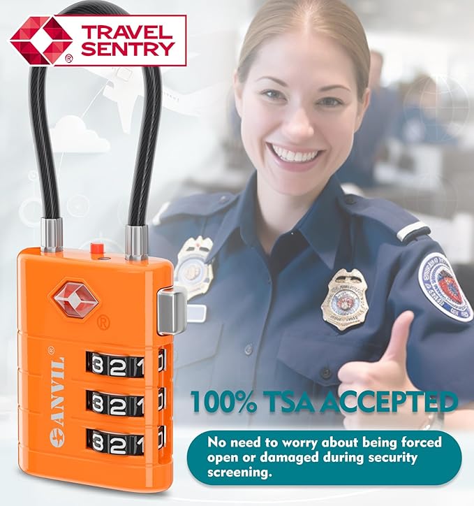 ANVIL TSA Approved Luggage Locks – High Security TSA008 Combination Travel Locks with Inspection Indicator for Suitcases and Backpacks. (4, Orange)
