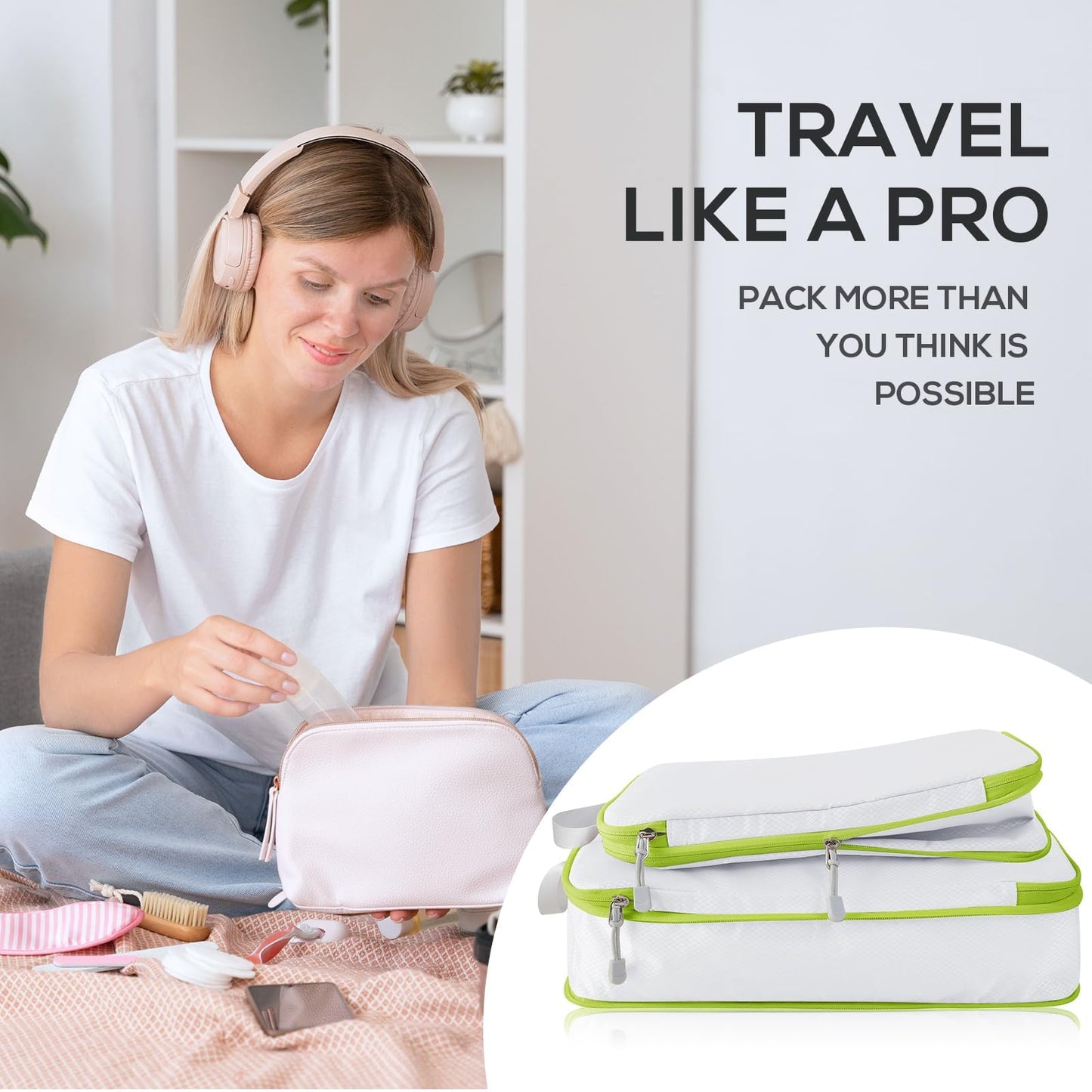 Compression Packing Cubes, 6 Set Packing Cubes for Travel Compression, Lightweight Compressible Package Organizer for Carry On and Suitcases, White and Green