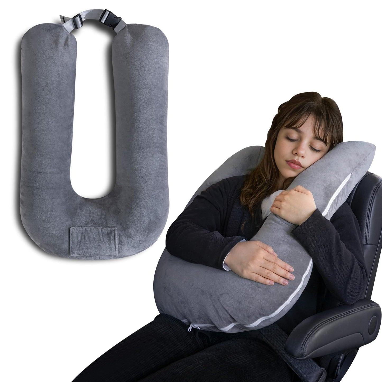 QUEEN ROSE Travel Pillow for Car Sleeping, Adjustable Length, Neck Support Pillow for Road Trips, for Adults & Kids, Soft Velvet, Grey