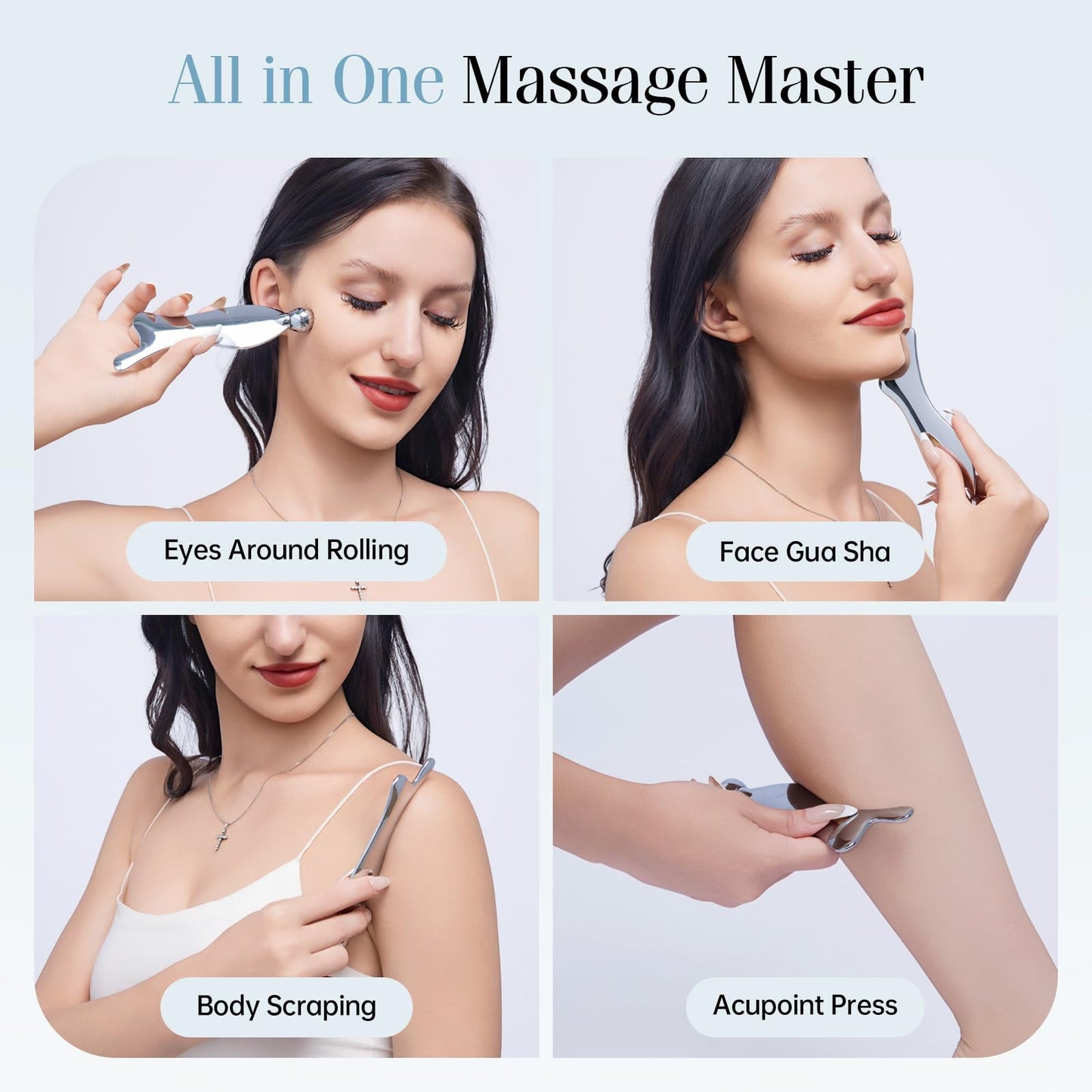 4-in-1 Gua Sha Facial Tools, Metal Lymphatic Drainage Massager Facial Roller for Wrinkles and Lifting, Stainless Steel Gua Sha Tool for Face