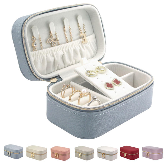 Betviv Travel Jewelry Box, Small Blue Case for Business Travel, PU Leather Compact Size, Curated Storage for Daily Jewelry | Dual-Zipper & Hidden Compartment | Anti-Tarnish Protection