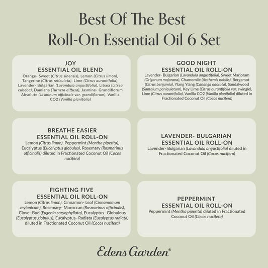 Edens Garden Essential Oils Best of the Best Roll-On 6 Set – 100% Pure Therapeutic Grade: Breathe Easier, Fighting Five, Good Night, Joy, Lavender & Peppermint Oil For Skin Care, 10 ml Roll-On/ 6 Pack
