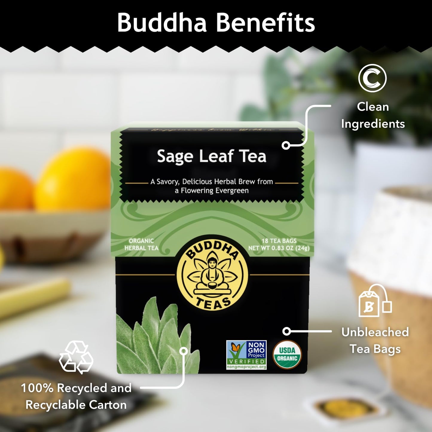 Buddha Teas - Organic Sage Leaf Tea - Herbal Tea - With Vitamins & Minerals - Clean Ingredients - Caffeine Free - OU Kosher - 18 Bleach-Free Tea Bags (Pack of 1)