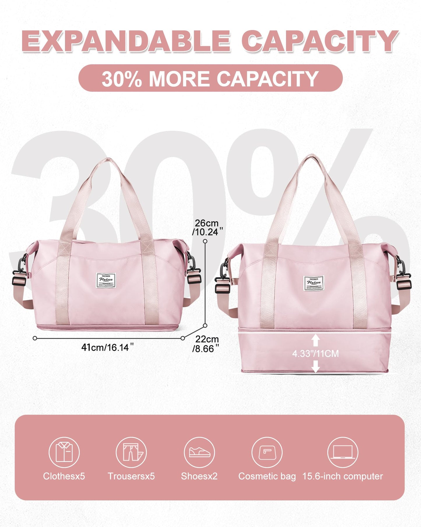 Foldie Large Travel Tote Bag, Waterproof Expandable Personal Item Duffel Gym Bag,Weekender Carry On Overnight Bags for Women Airplanes with Trolley Sleeve Wet Pocket,travel duffel bags,Pink