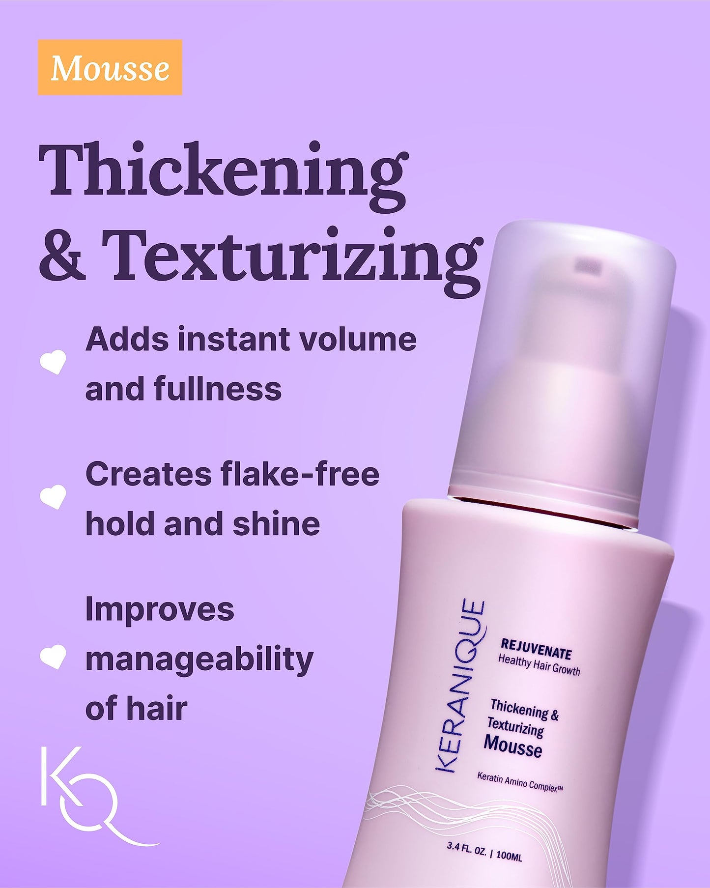 Keranique VOLUME BOOST & STYLE TRAVEL KIT - Anti-Frizz Heat Protection System for Women with Thinning Hair - Includes Keratin Shampoo, Conditioner, and Thickening Mousse, Enhances Volume and Texture