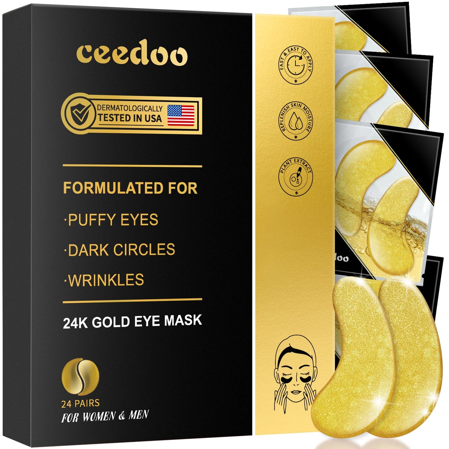 ceedoo Under Eye Patches - 24 Pairs Gold Under Eye Mask for Puffy Eyes, Dark Circles, Eye Bags, Wrinkles, Collagen Eye Gels with Rejuvenating Treatment, Gifts for Women