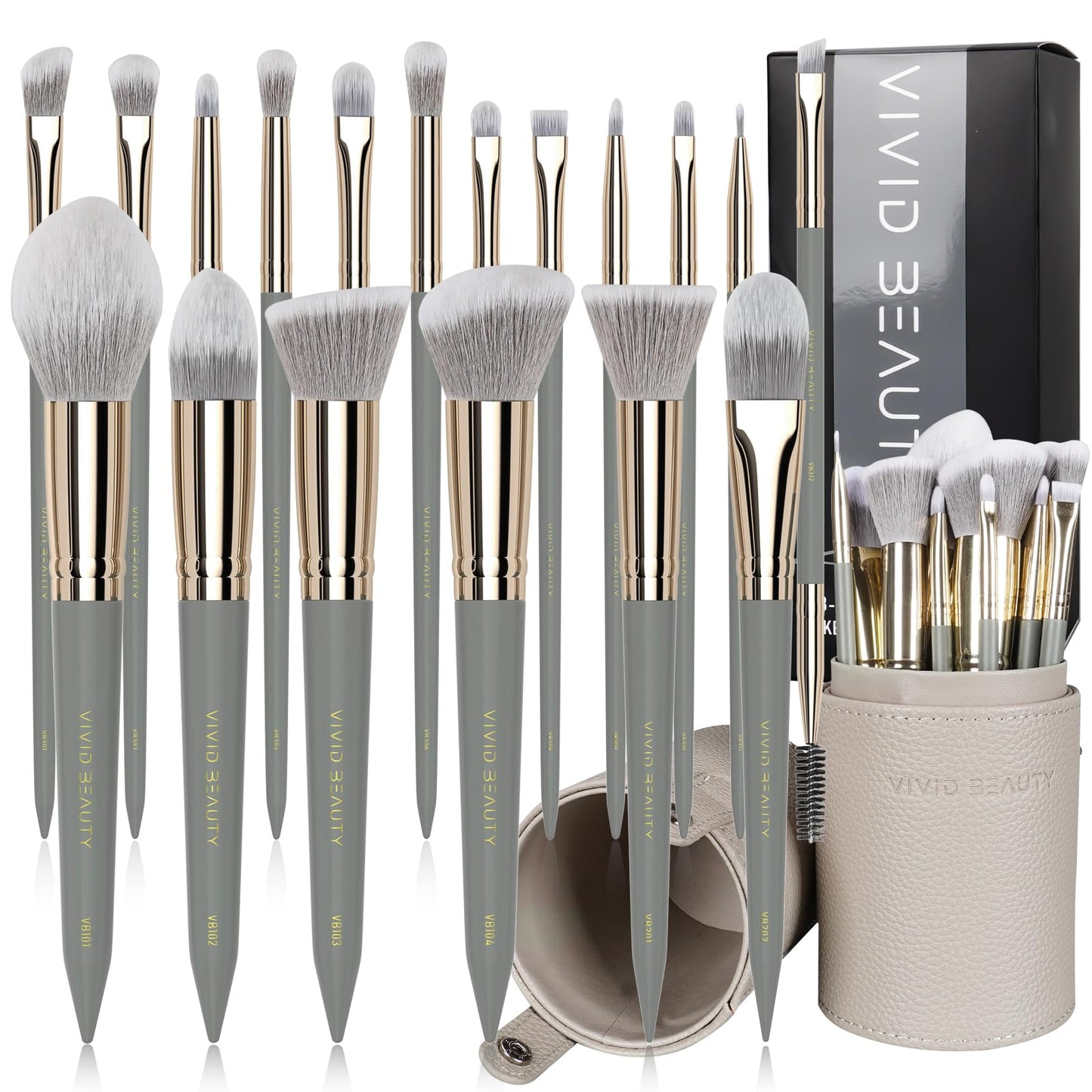 Vivid Beauty Makeup Brush Set, 18 Pcs Make up Brushes for Face and Eye with Travel Case – Natural Wood Handles – Unique Pointed Design, Makeup Brushes for Professional & Beginner Makeup Lovers (Gray)