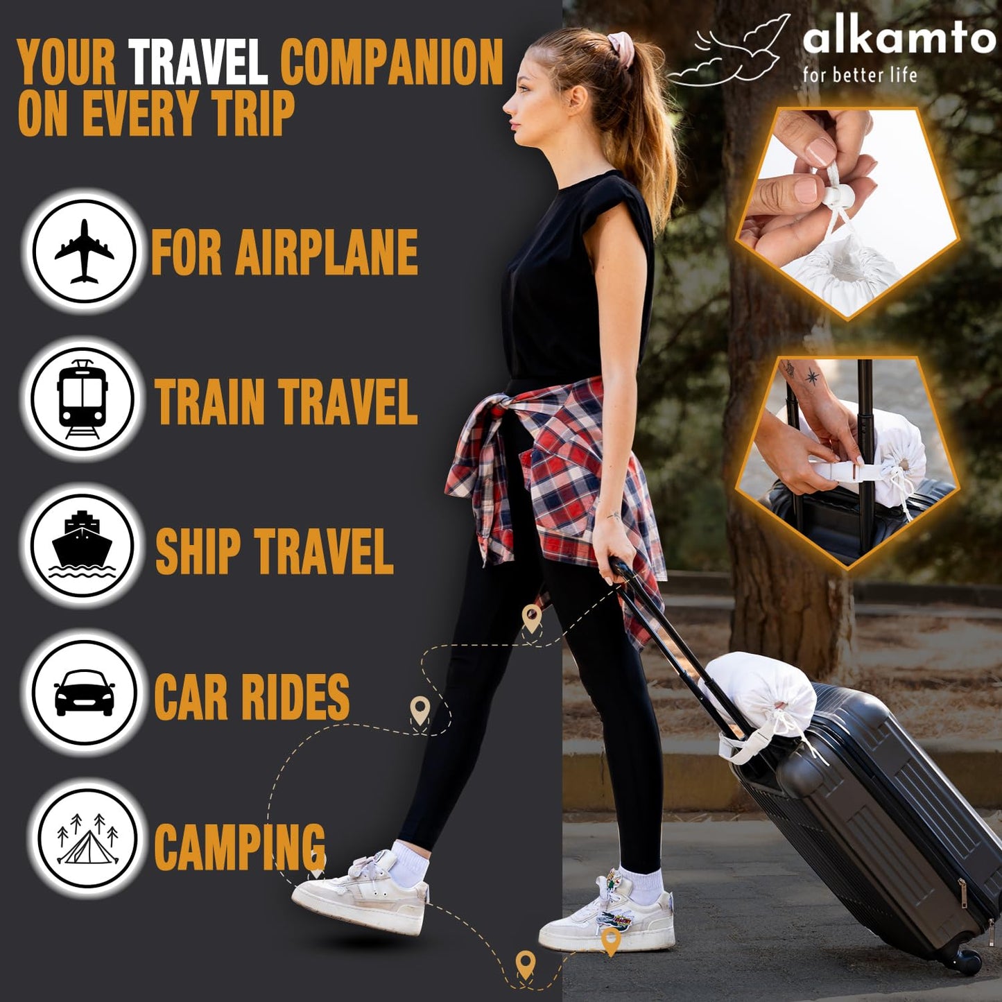 alkamto Travel & Camping Comfortable Memory Foam Pillow – Easy to Carry Portable Bag – Temperature Regulating Pillow Case (Pink + Extra Cover)
