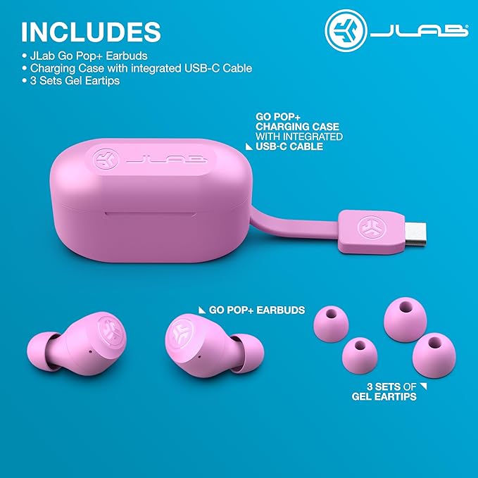 JLab Go Air Pop+ True Wireless Earbuds, in Ear Headphones, Bluetooth Earphones, 35H Playtime Ear Buds, Bluetooth Earbuds with Microphone, USB-C Charging Case, Dual Connect, EQ3 Sound, Pink