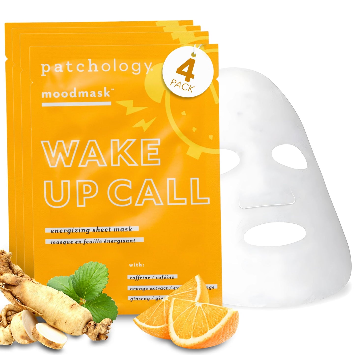 Patchology Wake Up Call Caffeine Facial Sheet Mask – Hydrating Face Mask with Caffeine, Orange Extract & Ginseng – Helps Refresh and Depuff Skin in 10 Minutes – Morning Skincare (4 Count)