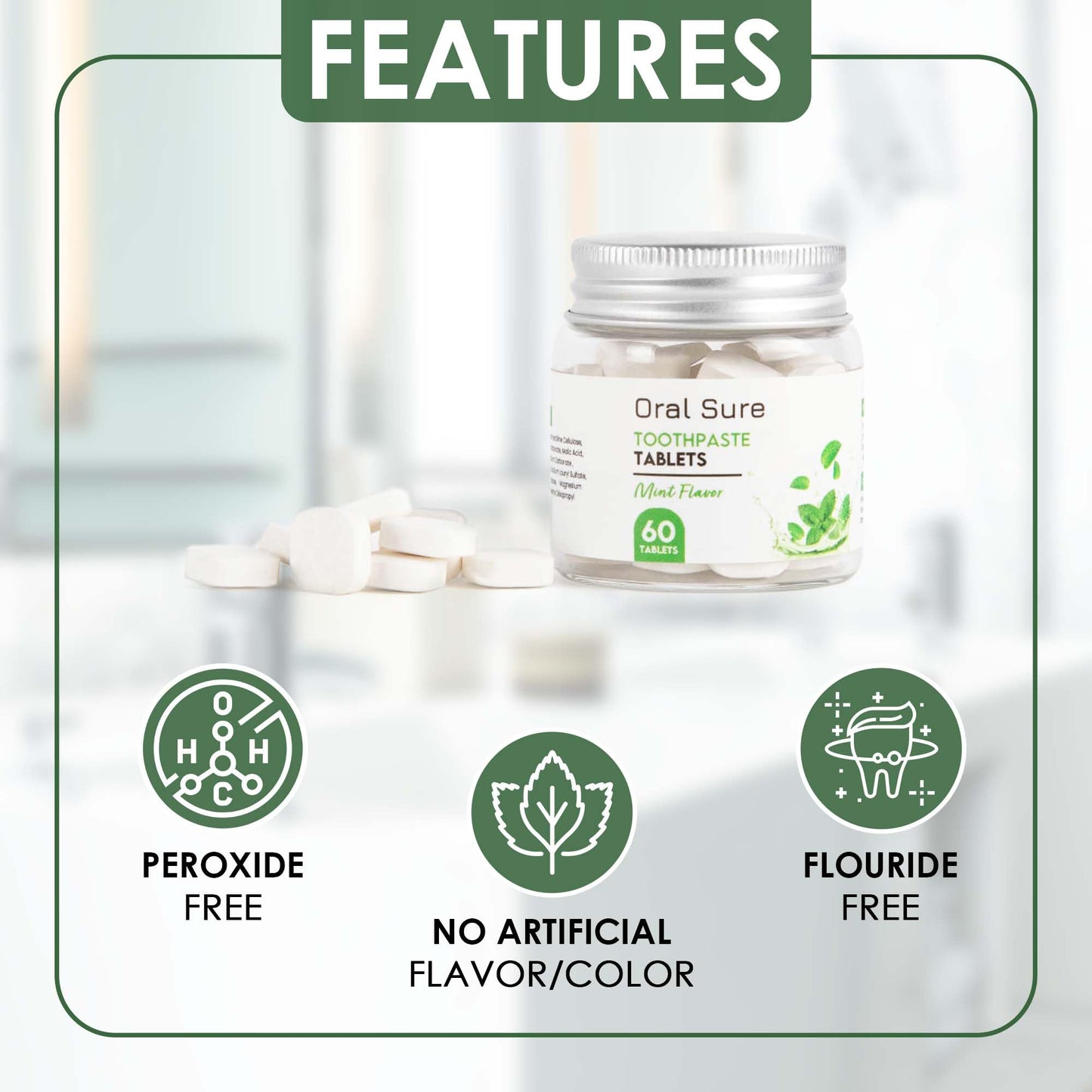 Oral Sure Toothpaste Tablets - Mint Flavor, Anti-Plaque, Anti-Cavity, Prevents Tooth Decay, Anti-Gingivitis, Oral Cleaner, Travel-Friendly, Fluoride-Free