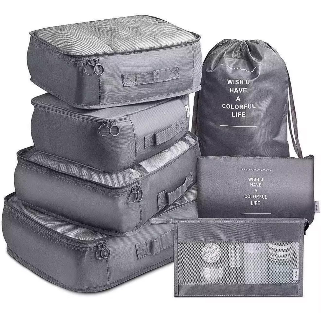 Travel Packing Organizer Bags, 7 Piece Set (Gray)