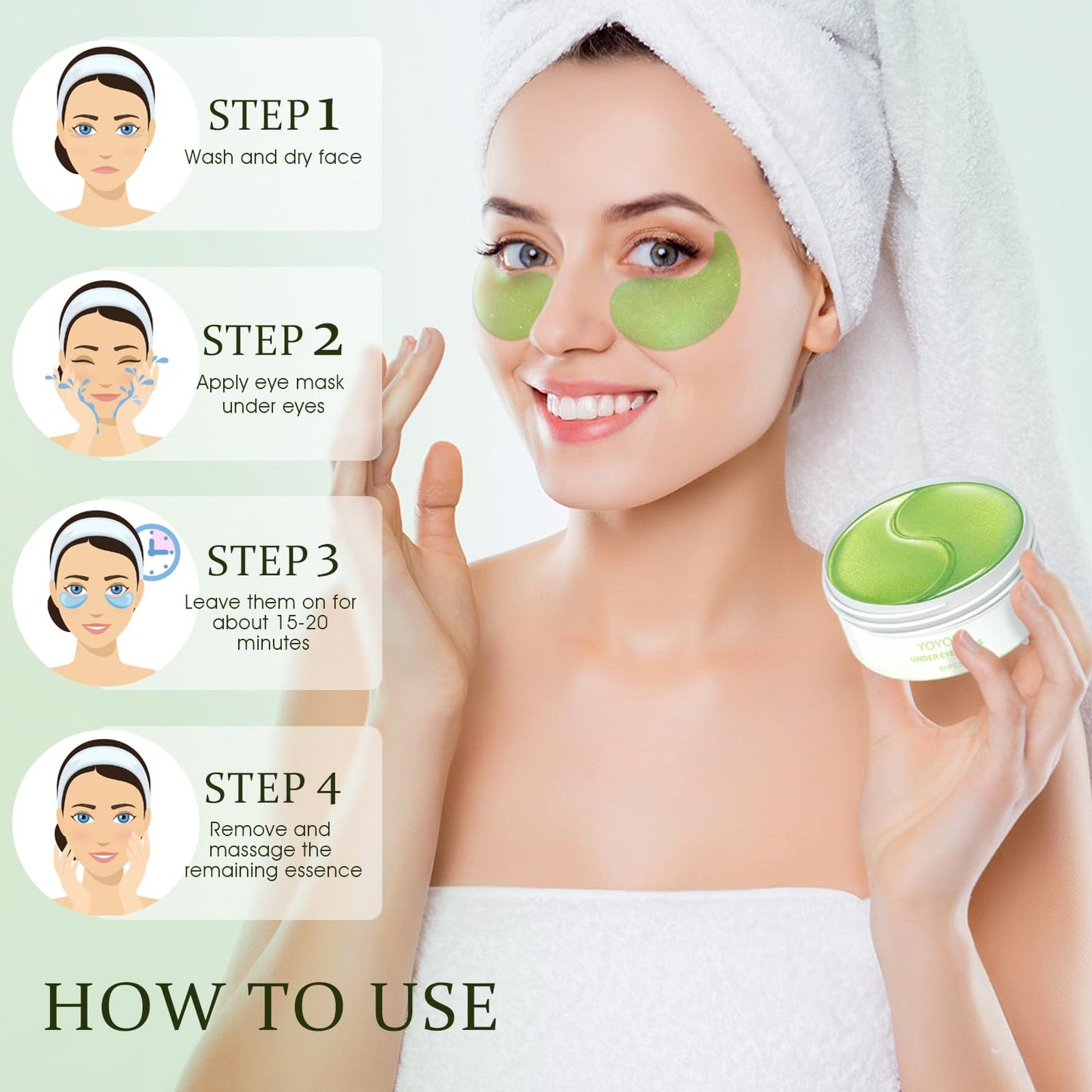 YOYORY Under Eye Patches Masks - for Eye Bags with Collagen and Hyaluronic Acid, Dark Circles,and Fine Lines, Fade Wrinkles Treatment for Women and Men - 60 Pcs Green