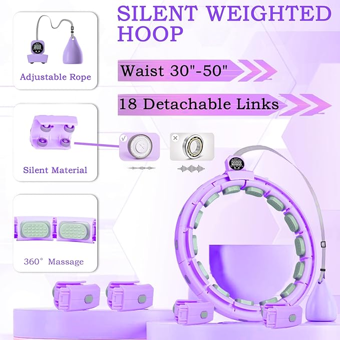 2025 New Silent Smart Weighted Fitness Hoop, Weighted Hula Circle Hoops for Adults Weight Loss,18 Detachable Links Waist 30"- 50", Exercise Hula for Women & Men