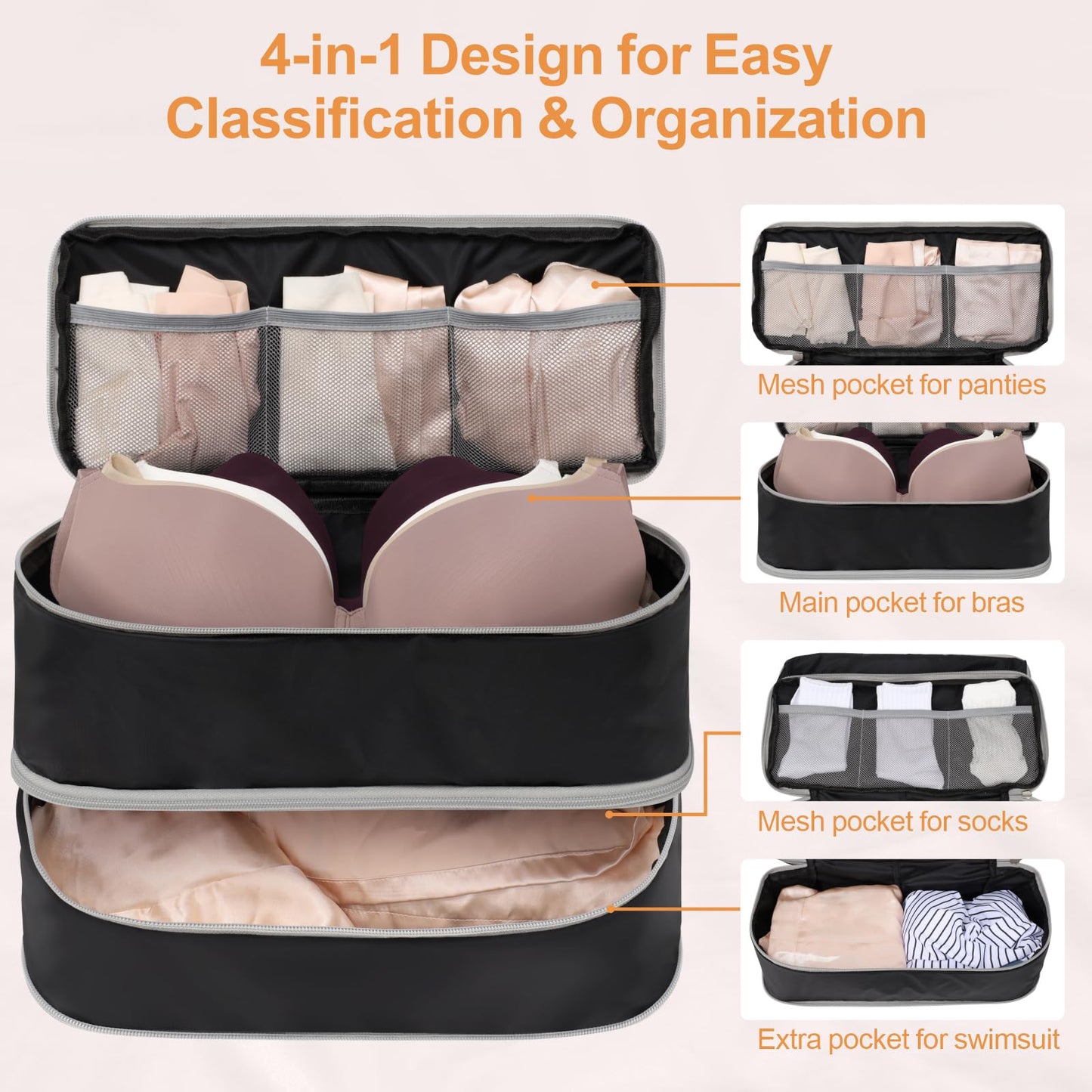 Cambond Travel Underwear Organizer Bag - 4-in-1 Lightweight Double Layer Bra Travel Bag, Portable Expandable Compression Packing Organizers, Underwear Storage Bag Packing Cubes