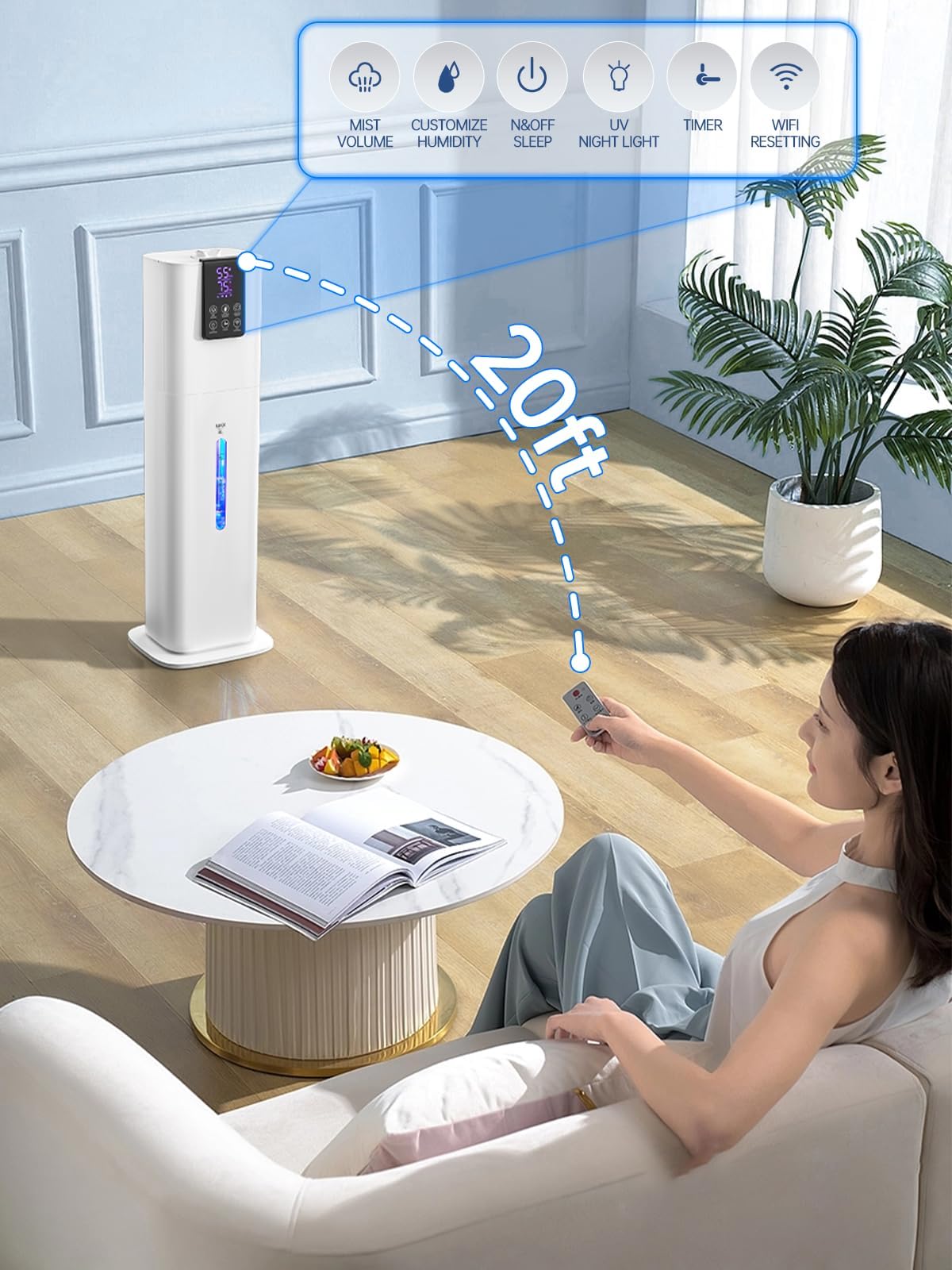 8L Smart Humidifiers for Bedroom Large Room, 2.1Gal Cool Mist Top Fill Diffuser Ambient Light, App & Remote Control, 3 Mist Modes, Quiet Humidifier for Home Office Plant (White)