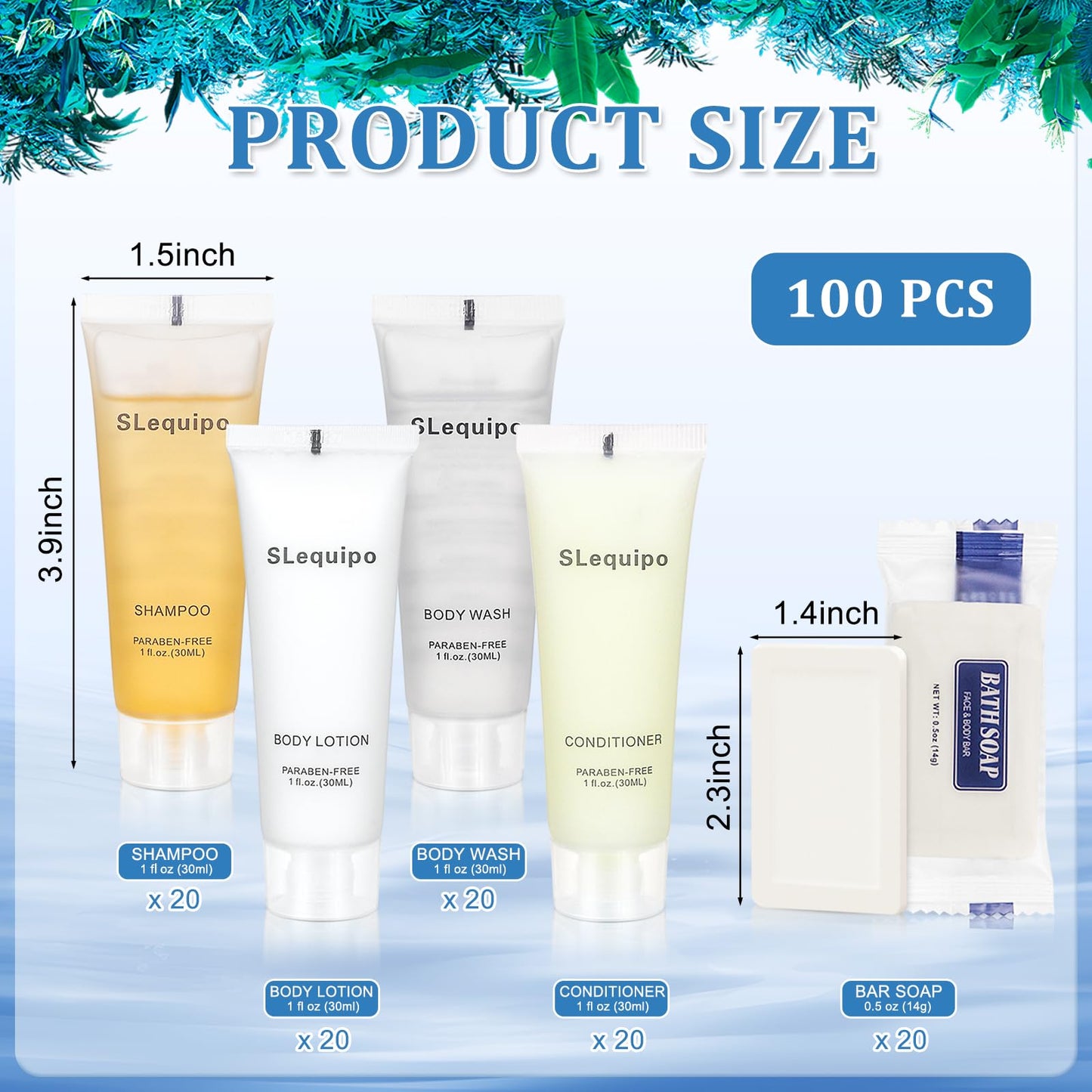SLequipo 5-IN-1 Hotel Soaps and Toiletries Bulk Set, Hotel Toiletries (100Pcs) 5-Piece Set: 20 Bar Soap 0.5oz, 20 Shampoo, 20 Body Wash, 20 Body Lotion, 20 Conditioner - Mini Guest Toiletries Bulk