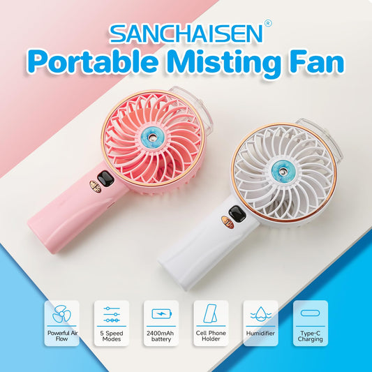 SANCHAISEN Small Portable Misting Fan Rechargeable: Powerful Hand held Usb Mister Fan 2000mAh for Women Girl Outdoor Travel