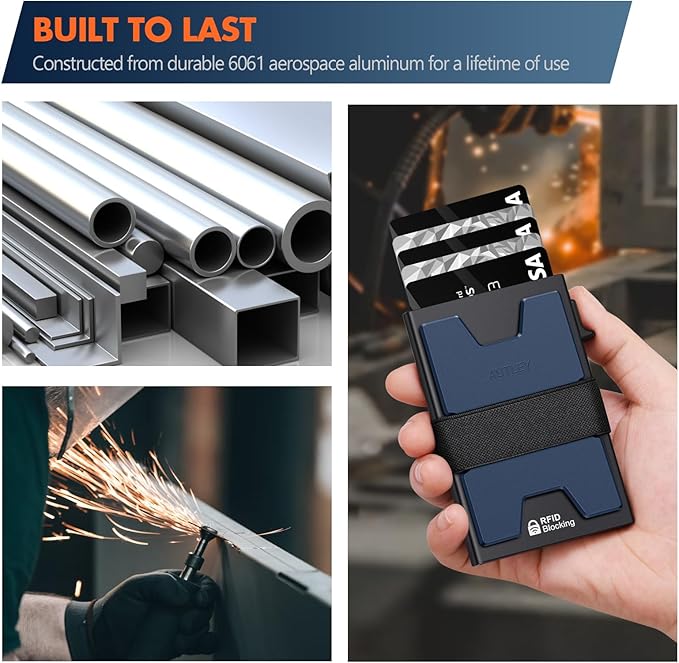 AUTLEY Slim Wallet For Men, Rfid Blocking Mens Wallet, Minimalist Wallet For Men, Pop Up Credit Card Holder with Cash Band (Blue+Black)