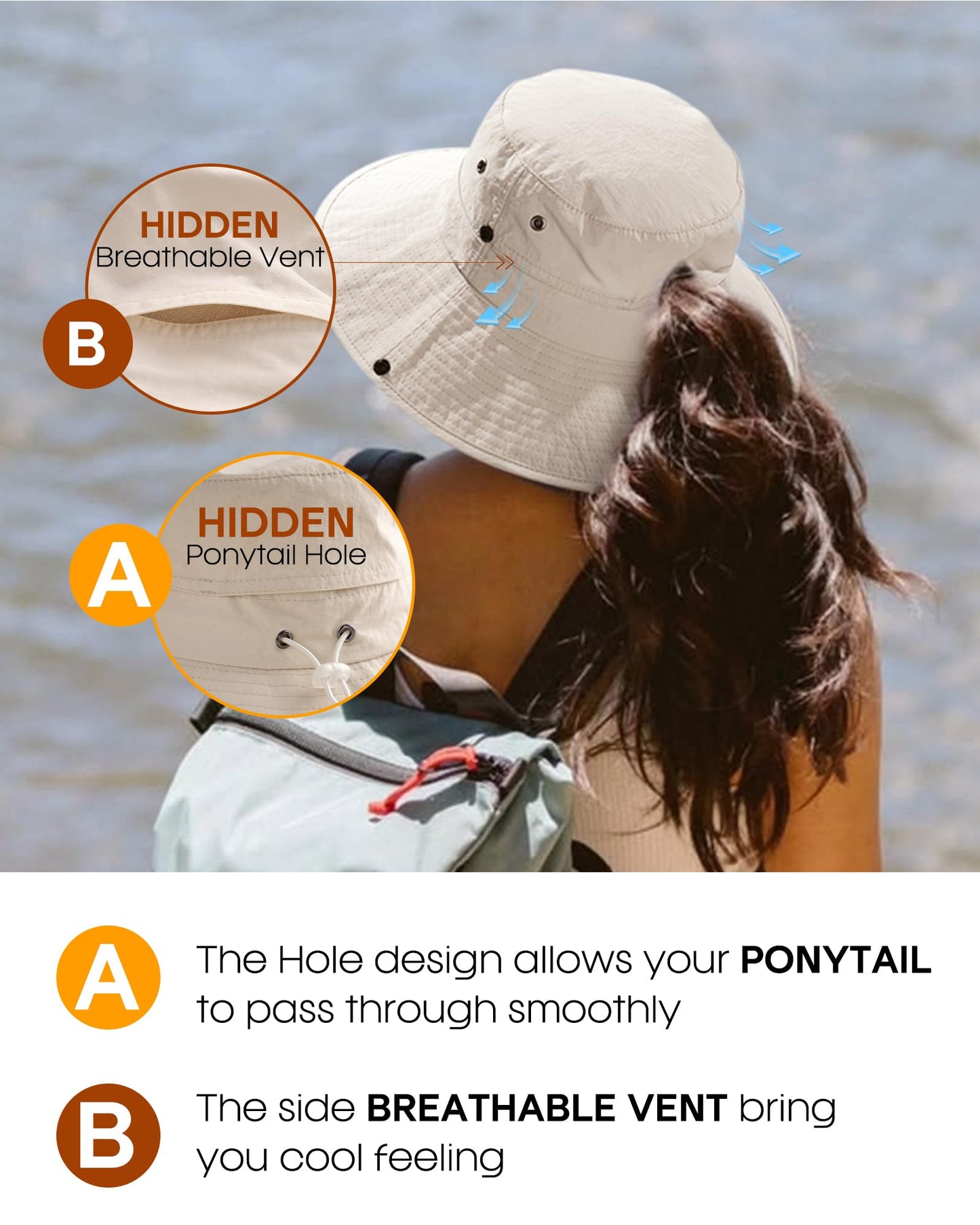 FURTALK Sun Hats for Women with Ponytail Hole Wide Brim Beach Bucket Hat UPF 50+ Fishing Hiking Outdoor Hats Beige