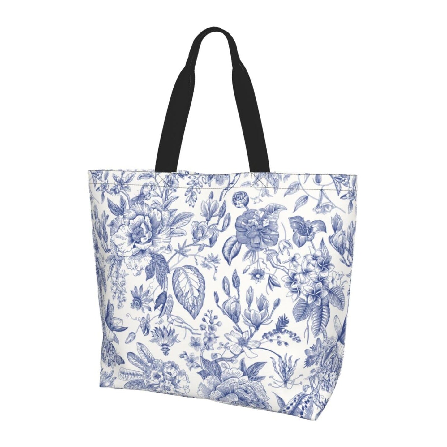 GVGOAGL Flower Blue White Leaves Tote Bag For Women, Large Waterproof Shoulder Bags Big Foldable Reusable Grocery Handbag For Travel Shopping Gym Sport Picnic Work Beach