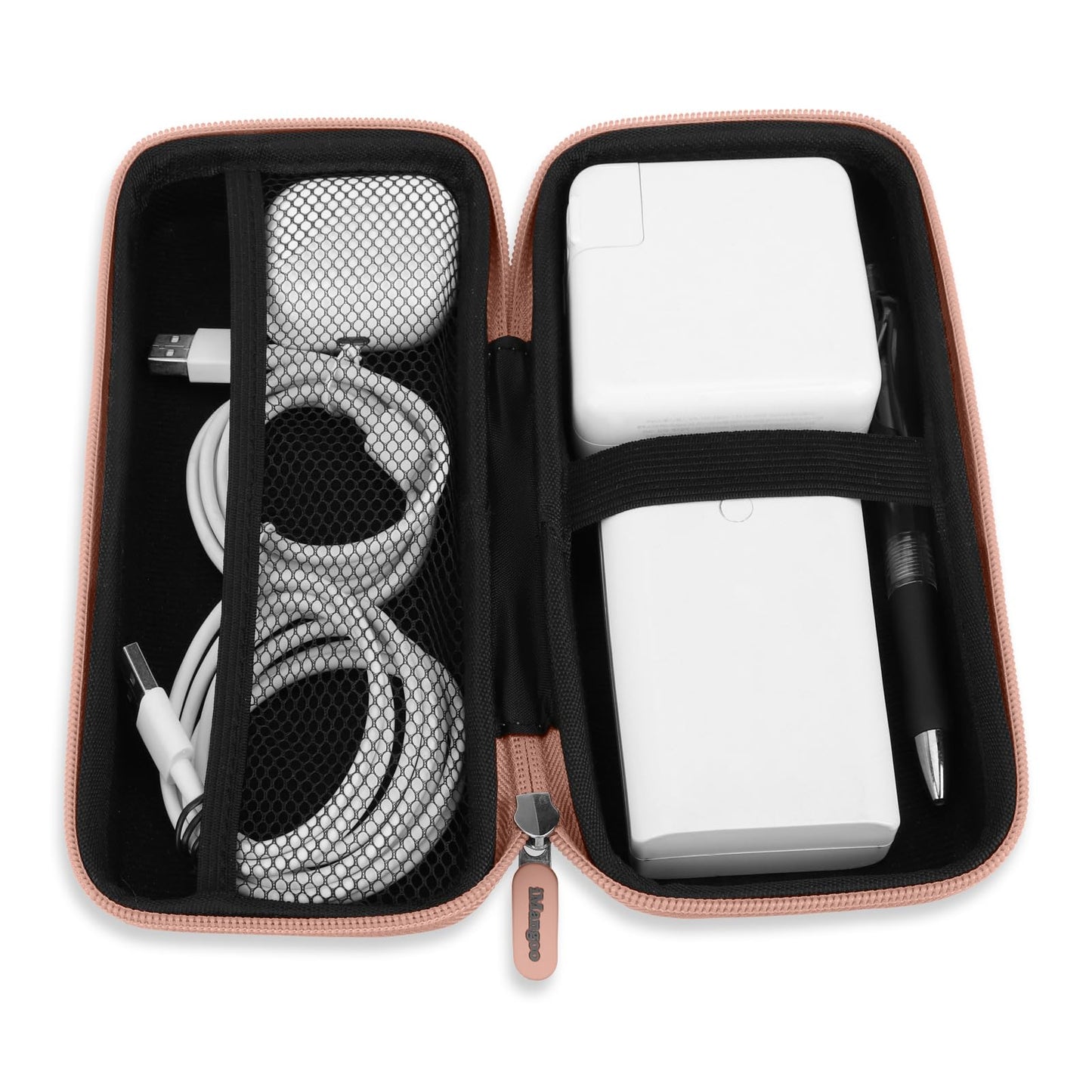 iMangoo Shockproof Travel Essentials Organizer Charger Case, Space-Optimized Zipper Electronics Accessories Pouch Tech Cord Cable Adapter Power Bank Storage for Women Men, 8.5x4.5x2 in (Rose Gold)