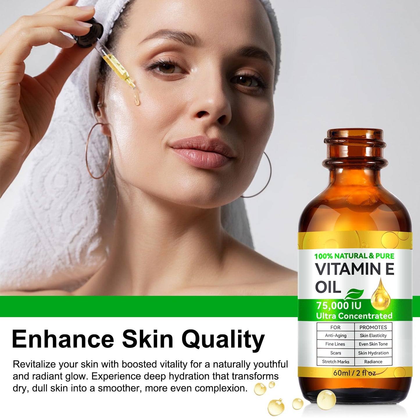 WHLH & WELL-BEING Pure Vitamin E Oil for Skin Face Hair Scars, Blend 75,000 IU, Moisturizing Dry Skin Winkles Hair and Scalp Pack of 2