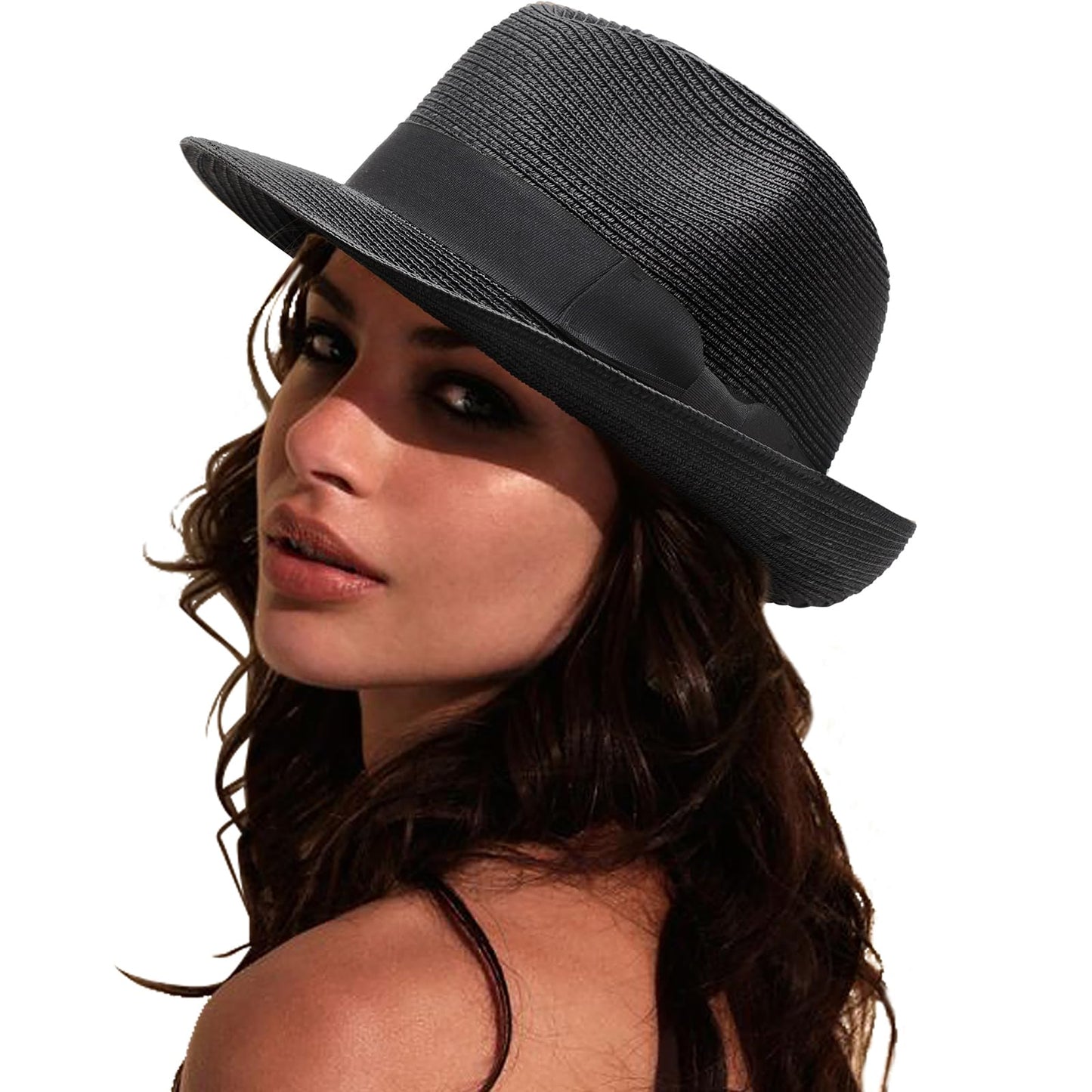 DRESHOW Women Straw Sun Hat Short Brim Panama Travel Fedora Beach Cap Roll up Summer Hat for Women Men UPF 50+