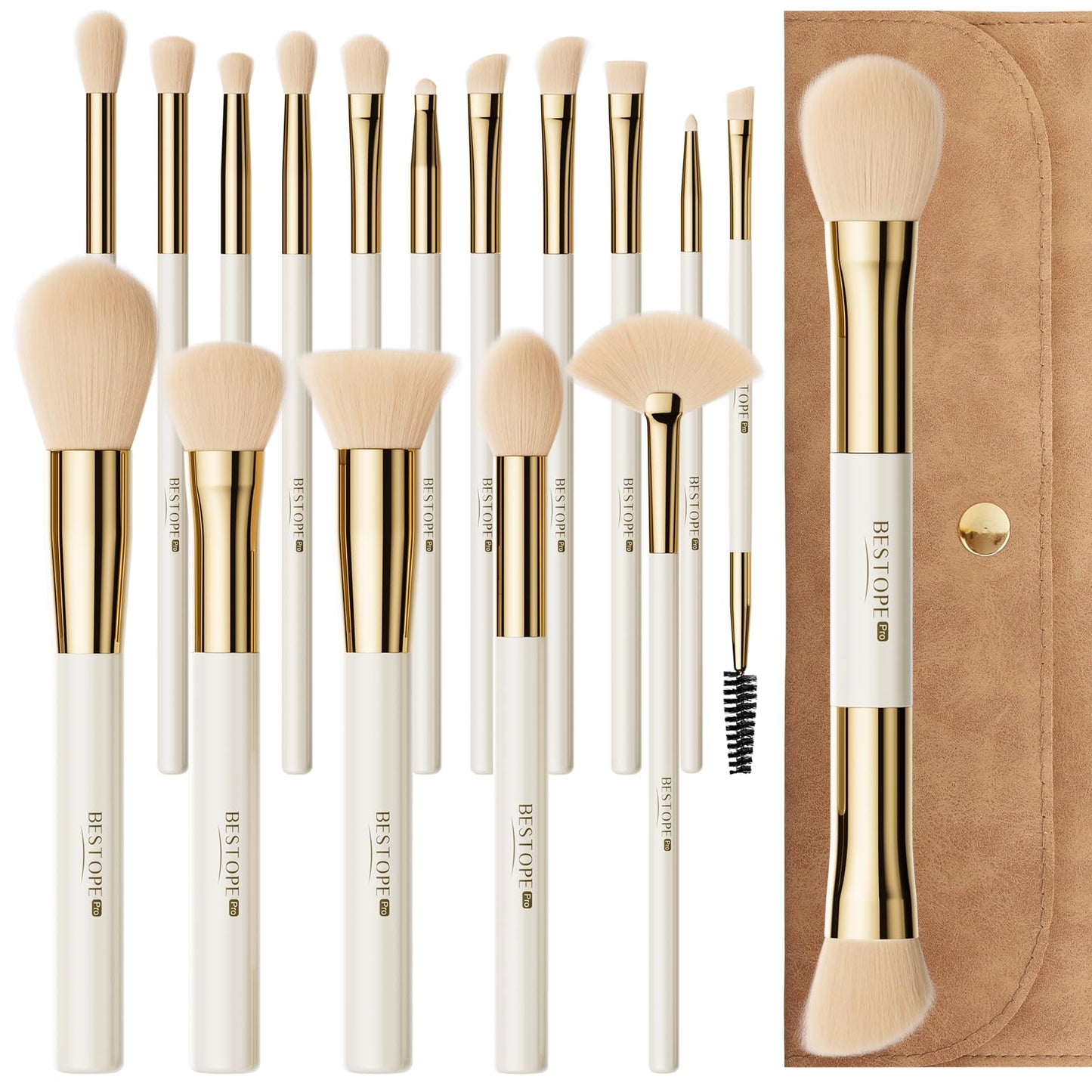 Makeup Brushes Set Professional BESTOPE PRO - 18 Pcs,Double Ended Foundation Concealer Blush Eyeshadow Contour Eyeliner Face Makeup Brush Set,Blending Brush For Makeup With Case Travel,White