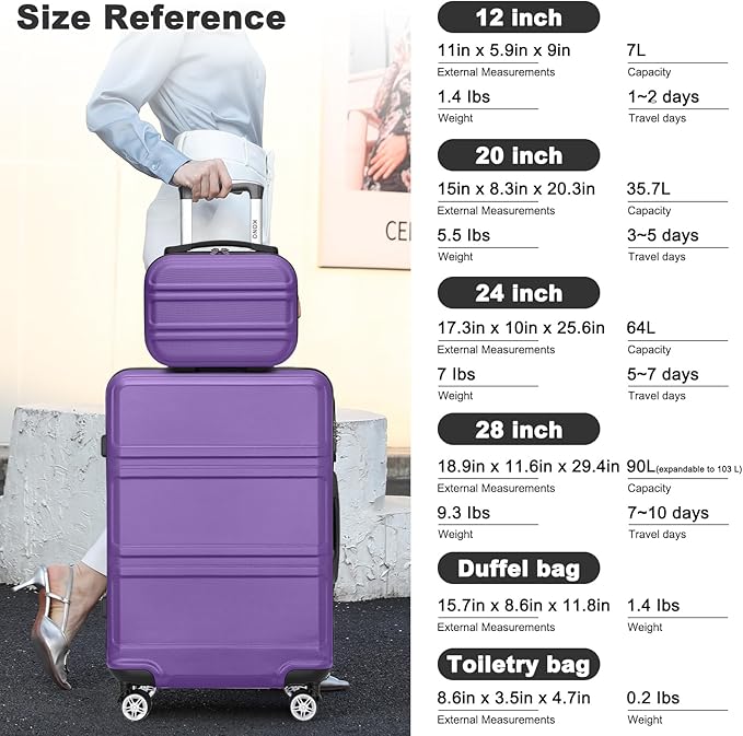 Kono Suitcase Set 3 Piece Luggage Set Expandable(only 28") Carry On Hardside Luggage with TSA Lock Spinner Wheels (Purple, 6 piece set)