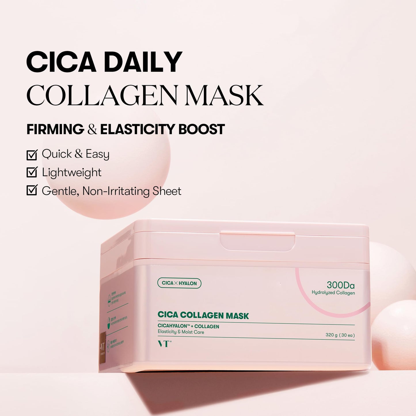 VT COSMETICS CICA Collagen Daily Mask 30 Sheets, 300Da Low Molecular Collagen for Skin Elasticity, Hydrating & Firming, Pink Collagen Essence, Korean Face Mask