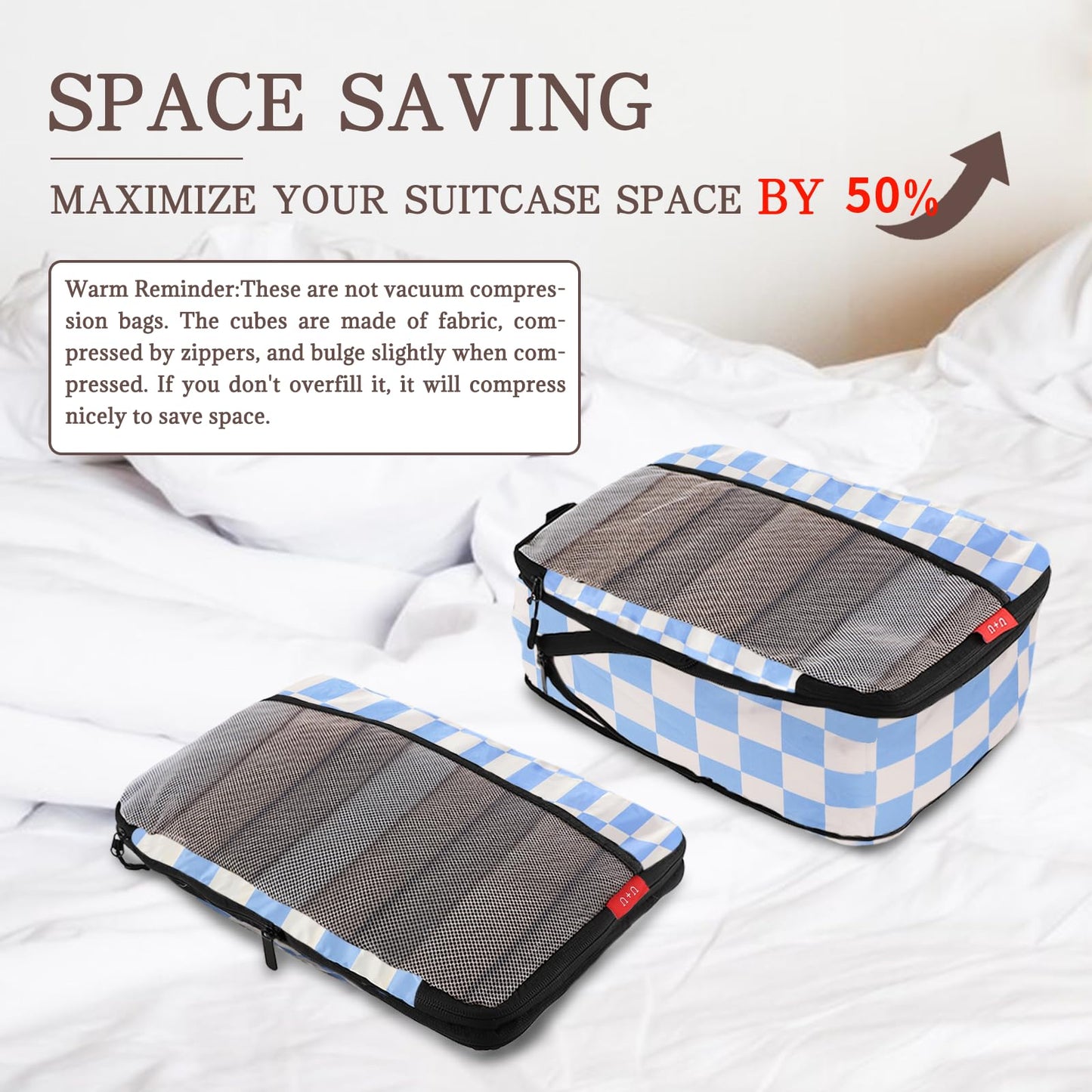 U+U 4 Set Compression Packing Cubes - Ultralight Travel Organizers, Space-Saving Suitcase Organizer, Expandable Packing Cubes for Travel, Business Trip and Family Vacation (Blue Checkered)