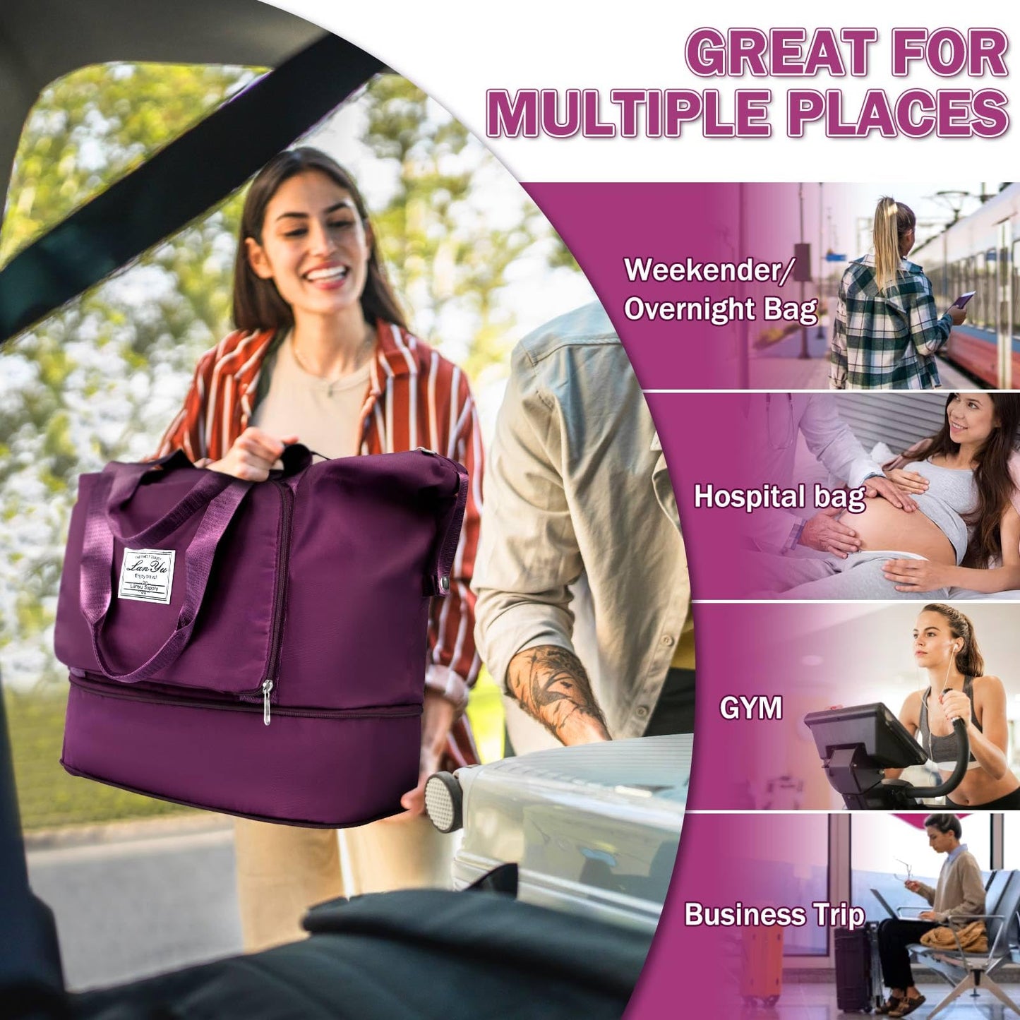 Ranslen Large Capacity Folding Travel Bag, Expansion Duffel Bag with Dry & Wet Separation